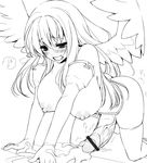  1girl all_fours angel blush breasts censored cum drool ejaculation futanari gloves handsfree_ejaculation large_breasts long_gloves long_hair mofuringu monochrome open_mouth penis saliva solo testicles thighhighs topless wings 