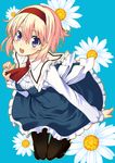  adapted_costume alice_margatroid ascot black_legwear blonde_hair blue_dress blue_eyes breasts daisy dress floral_background flower hairband lace long_sleeves looking_at_viewer medium_breasts open_mouth pantyhose short_hair solo touhou uro 