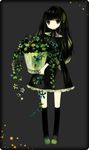  bangs black_background black_dress black_eyes black_hair black_legwear black_neckwear black_ribbon boots closed_mouth dress frown full_body green_footwear holding knee_boots light_particles long_hair long_sleeves looking_at_viewer neck_ribbon original pigeon-toed plant potted_plant puti_devil ribbon rounded_corners simple_background solo standing very_long_hair vines 