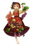  aasara aki_minoriko barefoot blonde_hair chestnut duplicate feet food fruit full_body grapes hands hat highres leaf mushroom pear persimmon red_eyes short_hair skirt_basket smile solo sweet_potato touhou transparent_background 