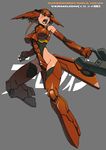  armor armored_boots bad_id bad_pixiv_id boots brown_hair full_body grey_background groin hips leotard mazingkaizer mecha_musume personification rahxephon simple_background solo thigh_boots thighhighs twintails vermillion_(mecha) 