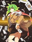  ahoge bad_id bad_pixiv_id card falling_card green_eyes green_hair hakou_(barasensou) holding holding_card jacket looking_back necktie original playing_card scarf skirt solo 