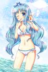  aqua_background bad_id bad_pixiv_id bikini blue blue_eyes blue_hair cure_marine heartcatch_precure! highres kouta. kurumi_erika long_hair magical_girl one_eye_closed precure solo swimsuit v wading water white_bikini 