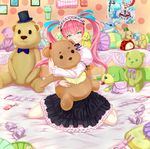  aqua_eyes bad_id bad_pixiv_id bed gothic_lolita hairband highres kazeno lolita_fashion original pink_hair pout sitting solo stuffed_animal stuffed_toy teddy_bear twintails 