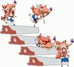  bandages bandaid chibi fallen_down falling hair_ribbon horns hota ibuki_suika minigirl orange_hair ribbon saw saw_sawing stairs touhou tripping 