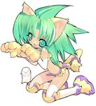  animal_ears blade_(galaxist) cat_ears cham_cham claws elbow_gloves full_body gloves green_eyes green_hair knee_pads kneeling lowres open_mouth paw_gloves paws samurai_spirits simple_background snk solo tail tail_ring thighhighs white_background 
