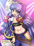  abs arm_up bell blue_hair dual_wielding facial_mark fan flat_chest forehead_mark holding horn jingle_bell long_hair navel solo super_robot_wars super_robot_wars_og_saga_mugen_no_frontier suzuka_hime taro twintails yellow_eyes 