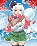  bag black_hairband black_legwear blue_eyes blush bob_cut cowboy_shot eggplant food gengorou groceries hairband hitodama jpeg_artifacts konpaku_youmu konpaku_youmu_(ghost) leaf looking_at_viewer maple_leaf open_mouth paper_bag pink_scarf ribbon scarf short_hair skirt skirt_set solo spring_onion standing striped striped_scarf sweet_potato thighhighs touhou vegetable white_hair zettai_ryouiki 