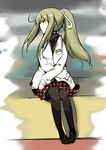  alternate_costume alternate_hairstyle bad_id bad_pixiv_id green_hair hair_ornament kochiya_sanae light_smile long_hair looking_away pantyhose ponytail school_uniform shoukei_inori sitting skirt snake solo tears touhou 