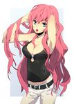  adjusting_hair alternate_costume armpits bad_id bad_pixiv_id blue_eyes breasts casual cherry cleavage face food fruit hirasaka_ine holding holding_food holding_fruit large_breasts long_hair megurine_luka mouth_hold pink_hair simple_background solo tank_top very_long_hair vocaloid 