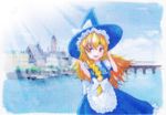  apron bad_id bad_pixiv_id blonde_hair braid bridge buttons cloud day dress hair_ribbon hand_on_headwear hat kirisame_marisa long_hair mayo_riyo paint_(medium) ribbon river sky smile solo touhou town traditional_media witch witch_hat yellow_eyes 