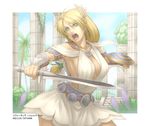  bad_id bad_pixiv_id belt blonde_hair blue_eyes breasts cleavage earrings hair_ornament jewelry large_breasts mature shield solo sophitia_alexandra soulcalibur soulcalibur_iv sword tatchin weapon 