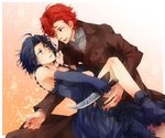  1girl baccano! black_hair chane_laforet claire_stanfield couple dress elbow_gloves gloves hetero kamu_(camui) knife red_hair short_hair 
