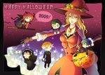  3boys 3girls :t ahoge black_eyes black_hair blonde_hair book breasts candy cape chibi cleavage cross demon_boy demon_girl demon_tail earrings eating elbow_gloves fangs food glasses gloves green_eyes green_hair halloween happy_halloween hat horns jack-o'-lantern jewelry long_hair medium_breasts milcho monocle multiple_boys multiple_girls necklace nun o_o original pocky polearm priest pumpkin red_eyes red_hair skull_earrings spear star tail trident vampire weapon wings witch_hat yellow_eyes 
