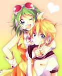  1girl bad_id bad_pixiv_id blonde_hair blue_eyes goggles goggles_on_head green_hair gumi headphones headset hino_(moca) kagamine_len necktie one_eye_closed short_hair skirt smile v vocaloid wrist_cuffs 