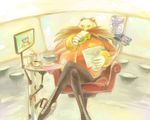  bald bone_(stare) coffee crossed_legs dr._eggman facial_hair food goggles goggles_on_head male_focus mustache newspaper robot sandwich sitting solo sonic_the_hedgehog television tray 