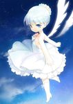  angel bad_id bad_pixiv_id bare_shoulders blue_eyes boots dress fairy night original salt_(salty) short_hair sky solo star_(sky) starry_sky white_dress white_hair wings younger 