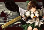  arm_cannon bad_id bad_pixiv_id black_wings bow brown_hair cape eyes face hair_bow lolicept long_hair mushroom_cloud red_eyes reiuji_utsuho solo touhou weapon wings 