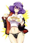  babydoll_t-shirt black_panties breasts cameltoe crop_top eeyasu jacket lace lace-trimmed_panties lace_panties large_breasts midriff moriya_suwako navel no_pants panties print_shirt shirt short_hair side-tie_panties solo string_panties taut_clothes taut_shirt thigh_gap touhou underwear undressing yasaka_kanako yukkuri_shiteitte_ne 