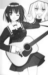  blush greyscale guitar highres instrument kawamura_reo long_hair monochrome multiple_girls peko sawaguchi_mai scan sono_hanabira_ni_kuchizuke_wo 