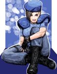  1girl beret blue_eyes boots brown_hair female fingerless_gloves gloves hat jill_valentine kusanagi_shion_(elda) lowres resident_evil short_hair shoulder_pads sitting smile solo watch 