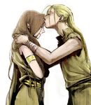  1girl armband bandages belt blonde_hair brown_hair cape closed_eyes couple forehead_kiss fullmetal_alchemist hase_(nafela) hetero kiss long_hair older ponytail smile trisha_elric van_hohenheim younger 