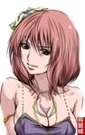  1girl bare_shoulders breasts cleavage dancer earrings female final_fantasy final_fantasy_v green_eyes hair_ornament jewelry lenna_charlotte_tycoon madhatter_hello necklace pink_hair short_hair solo white_background 