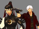  1girl adjusting_eyewear amulet at_gunpoint bad_id bad_pixiv_id bayonetta bayonetta_(character) black_hair blue_eyes bodysuit breasts cleavage cleavage_cutout crossover dante_(devil_may_cry) devil_may_cry devil_may_cry_4 earrings ebony_&amp;_ivory elbow_gloves facial_hair fingerless_gloves glasses gloves grin gun gun_to_head hair_bun hair_ribbon handgun hiryuu_(kugelcruor) holding holding_gun holding_weapon jewelry large_breasts lipstick looking_back makeup mole mole_under_mouth pistol ribbon short_hair simple_background smile stubble threat trench_coat weapon white_hair 