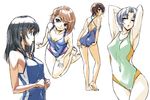  :o adjusting_clothes adjusting_swimsuit armpits arms_behind_head ass barefoot black_hair brown_hair competition_swimsuit covered_navel feet heel_raised legs michael multiple_girls one-piece_swimsuit open_mouth original profile simple_background sketch smile standing swimsuit thigh_gap white_background 