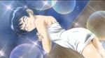  back black_hair blue_earrings closed_eyes crossed_arms dutch_angle glasses hair_up lowres naked_towel night night_sky nogami_aoi onsen outdoors screencap short_hair sky solo sparkle standing towel water white_towel zettai_karen_children 