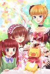  beatrice blonde_hair bonnet bow brown_hair bug butterfly child dress insect maekawa_suu multiple_girls pink_bow red_hair ribbon sakutarou stuffed_animal stuffed_bunny stuffed_lion stuffed_toy twintails umineko_no_naku_koro_ni ushiromiya_ange ushiromiya_maria younger 