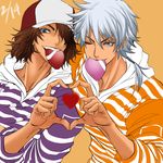  &lt;3 blue_eyes brown_hair cap gray_eyes gray_hair grey_eyes grey_hair hat heart hearts kai_yuujirou long_hair male male_focus mouth_hold niou_masaharu ponytail short_hair silver_hair tennis_no_ouji-sama tennis_no_oujisama wink 