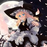  blonde_hair blue_eyes bottle braid cherry_blossoms hat kirisame_marisa long_hair moon night petals shin_(new) smile solo touhou witch_hat 