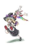  :d \o/ aozora_market apron arms_up blonde_hair bow carrying fangs flandre_scarlet hair_bow happy hat hat_bow kirisame_marisa mary_janes multiple_girls open_mouth outstretched_arms running shoes shoulder_carry smile touhou v-shaped_eyebrows waist_apron wings witch witch_hat yellow_eyes 