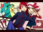  1boy 1girl :d abe_(f!mixture) alternate_costume bad_id bad_pixiv_id bayleef blush brown_eyes brown_hair english feraligatr gen_2_pokemon hat hat_ribbon kotone_(pokemon) open_mouth pokemon pokemon_(creature) pokemon_(game) pokemon_hgss red_eyes red_hair red_ribbon ribbon silver_(pokemon) smile watermark web_address 