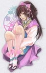  brown_eyes brown_hair female full_body gradient gradient_background hozumi_(pixiv44042) japanese_clothes kneehighs long_hair oichi pink_ribbon ribbon sandals sengoku_musou sitting solo 