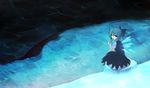  blue_eyes blue_hair bow cirno food glowing hair_bow highres ice lake popsicle rexlent short_hair sitting solo touhou wading water wings 