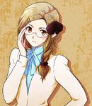  axis_powers_hetalia blouse bow braid brown_eyes brown_hair cardigan frown glasses hair_bow hair_ornament hair_over_shoulder hairpin long_hair monaco_(hetalia) sakazakimay single_braid solo 