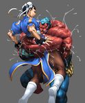  1girl bearhug boots china_dress chinese_clothes chun-li cozy cropped_legs dress hakan highres kneepits makeup muscle oil pantyhose pelvic_curtain ryona simple_background street_fighter street_fighter_iv_(series) wrestling 