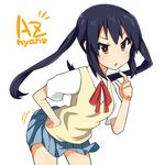  bad_id bad_pixiv_id black_hair brown_eyes k-on! leaning_forward long_hair nakano_azusa neck_ribbon pilotis red_ribbon ribbon school_uniform solo twintails 