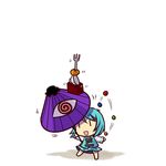  al_bhed_eyes balancing ball blue_hair bowl chibi food fork fruit juggling karakasa_obake orange purple_umbrella simple_background socha solo tatara_kogasa touhou umbrella |_| 