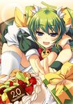  amanooni_touri bad_id bad_pixiv_id blue_eyes bow cake food fruit green_hair happy_birthday kiwifruit melon-chan melonbooks pastry solo strawberry thighhighs twintails white_legwear yellow_bow 