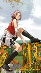  @_(shuriken_fighter) bandages blush boots cloud fence green_eyes haruno_sakura naruto naruto_(series) open_toe_shoes pink_hair shoes short_hair solo 