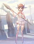  \m/ bad_id bad_pixiv_id brown_eyes brown_hair copyright_request polearm short_hair solo spear tougetsu_gou weapon 