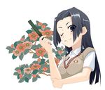  black_eyes black_hair closed_fan fan flower folding_fan hino_minato_(spec.c) kongou_mitsuko long_hair one_eye_closed school_uniform solo sweater_vest to_aru_kagaku_no_railgun to_aru_majutsu_no_index 