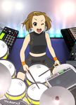  bike_shorts brown_hair drum drum_set drumsticks electronic_drums hairband headset highres instrument k-on! lens_flare mixing_console one_eye_closed open_mouth product_placement richard_crazyman shirt sleeveless sleeveless_shirt solo tainaka_ritsu v-drums 