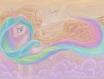  alicorn celestiathegreatest cloud clouds discord_(mlp) draconequus duo equine female feral friendship_is_magic green_hair hair horn horse long_hair male mammal multi-colored_hair my_little_pony pegacorn pink_hair pony princess princess_celestia_(mlp) purple_eyes purple_hair royalty winged_unicorn wings 