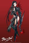  armor black_hair blade_&amp;_soul breasts copyright_name covered_nipples earrings fishnets full_body hair_over_one_eye high_heels highres jewelry jung-jun_ho lips long_hair medium_breasts pauldrons ran_yu_(blade_and_soul) shoes simple_background solo sword weapon 