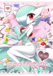  ball berries blush bottle candy clefairy doll elbow_gloves evolutionary_stone female fire_stone food gardevoir gem gloves green_hair hair_over_one_eye heart jewelry necklace nest_ball nintendo no_humans poke pokemon poking red_eyes shell shiratsuki smile spoken_heart tail water_stone white_moon 