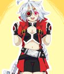  adapted_costume ahoge blazblue blush braid cleavage_cutout cosplay eyepatch jerun long_hair midriff nu-13 ragna_the_bloodedge ragna_the_bloodedge_(cosplay) red_eyes silver_hair smile solo 